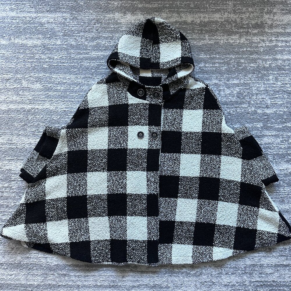 Black and White Plaid Hooded Trench Capelet